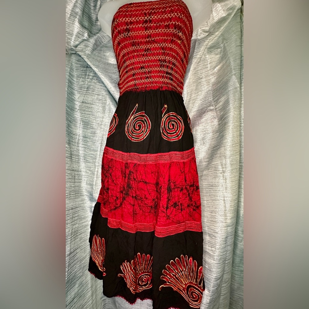 Fashion Terminal India Boho Rasta Red, Black & Gold Dress ~ Free Size